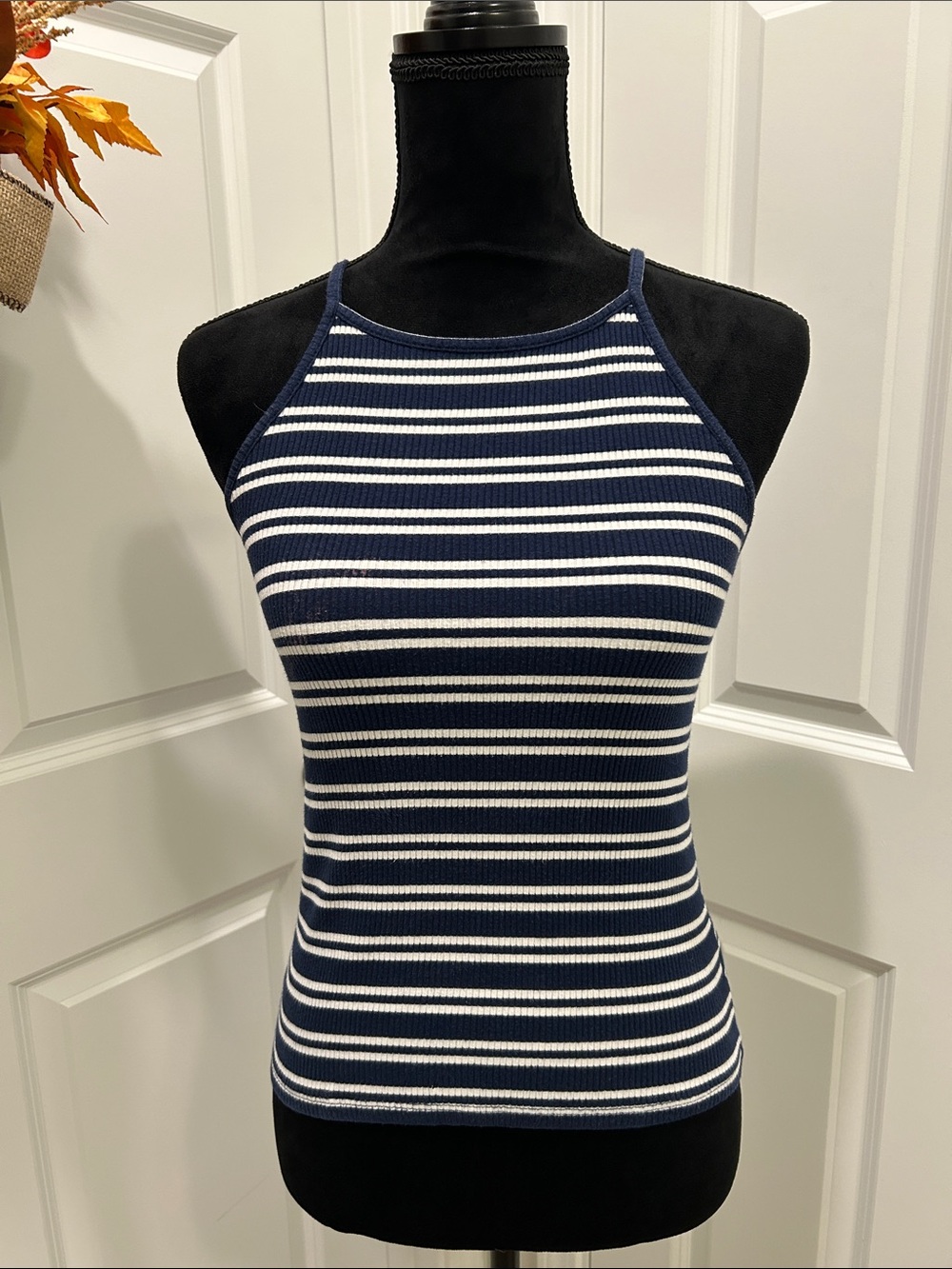 Ambiance Women’s Navy and White Striped Ribbed Halter Tank Large